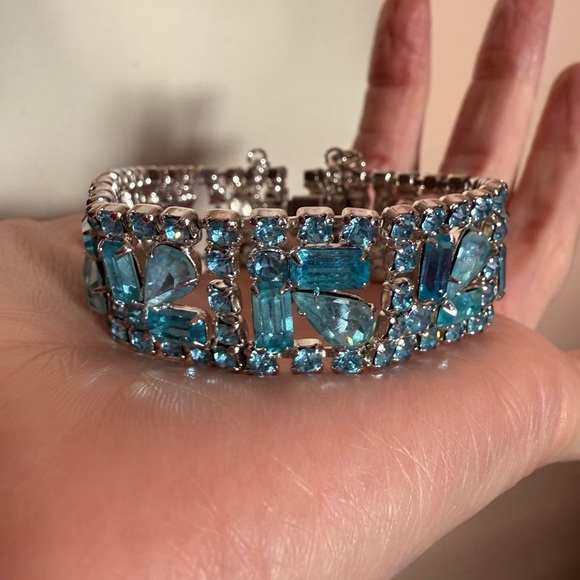 Antique 1930’s 40’s art deco pale blue Czecho Glass Wide silver Bracelet - Picture 6 of 16